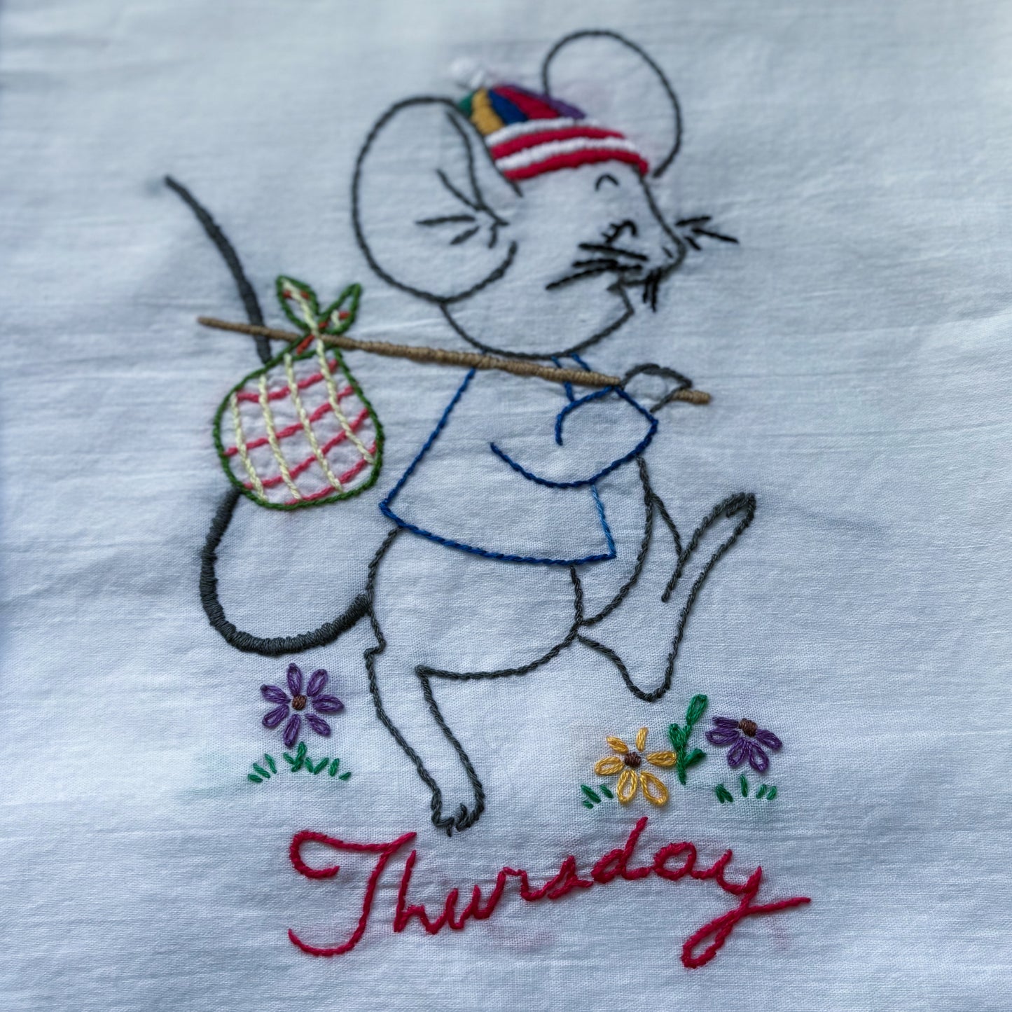 Vintage White Cotton Embroidered Days of the Week Tea Towel
