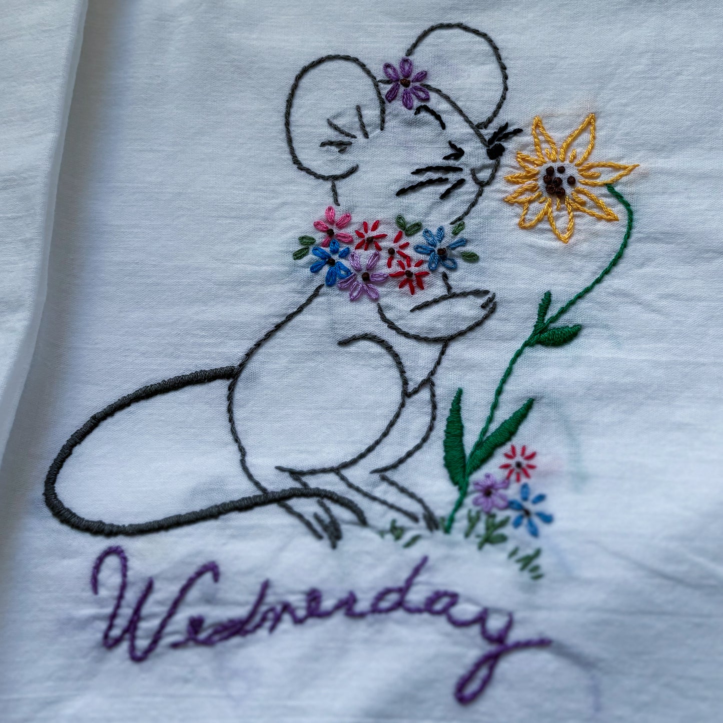 Vintage White Cotton Embroidered Days of the Week Tea Towel