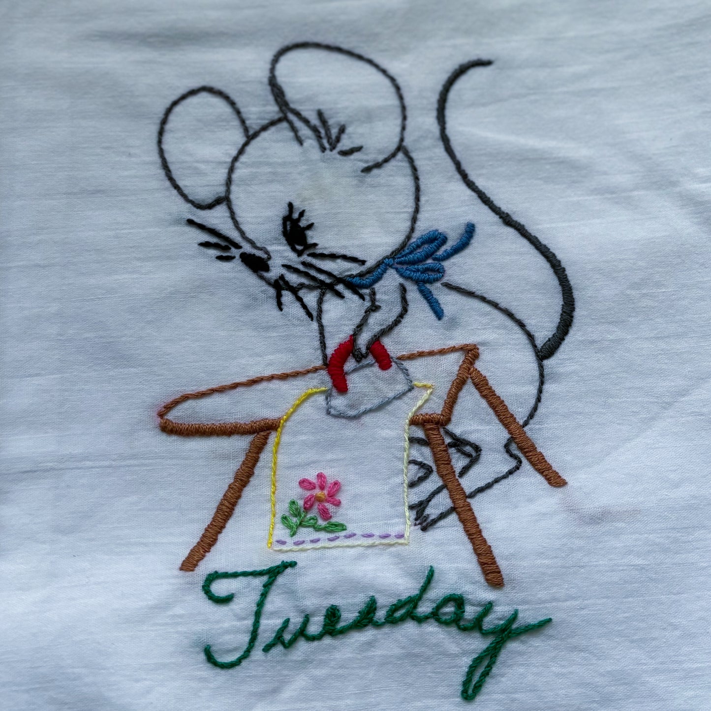 Vintage White Cotton Embroidered Days of the Week Tea Towel