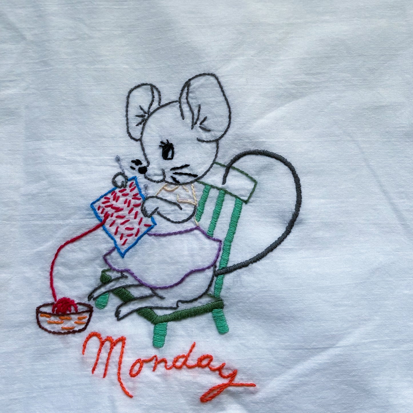 Vintage White Cotton Embroidered Days of the Week Tea Towel