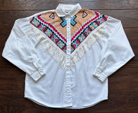 80’s Circle T By Marilyn Lennox Vintage Western Women's Shirt with Aztec Print and Fringe | Made in USA