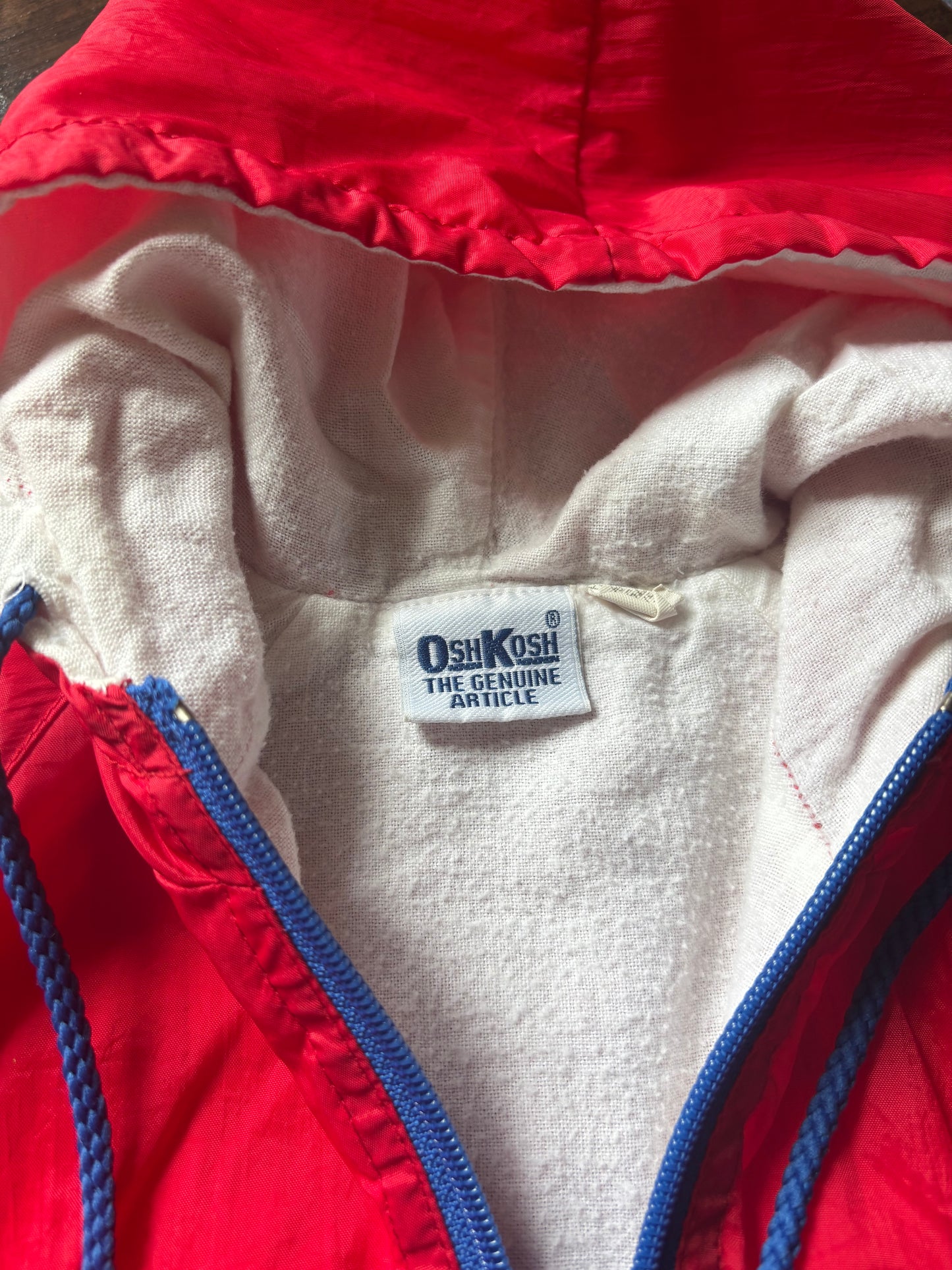 Vintage OshKosh B’Gosh Kids Red Hooded Windbreaker Jacket Embroidered Logo Full Zip Size 5/6