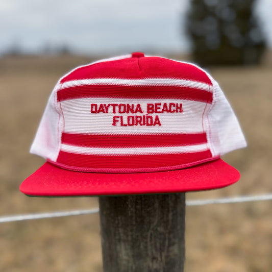 Vintage Daytona Beach Striped Snapback Trucker Hat | Made in Taiwan