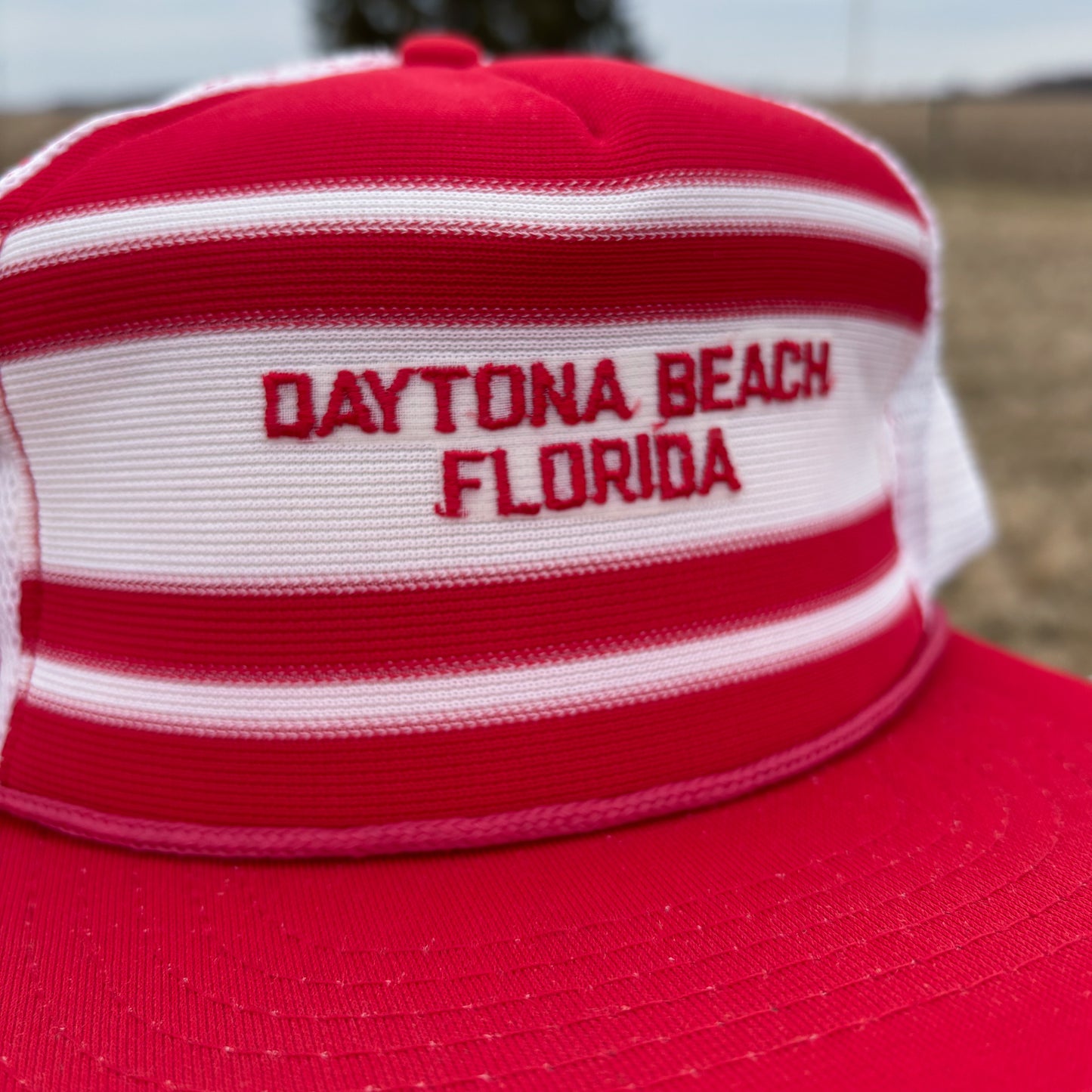 Vintage Daytona Beach Striped Snapback Trucker Hat | Made in Taiwan