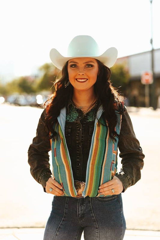 Jade Serape Woven Zip-Up Sleeveless Puffer Vest