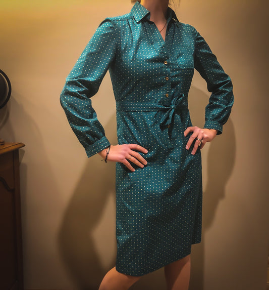 Adorable 1980's Vintage Women's Schrader Sport Petites Belted Teal Dress Size 8-see measurements
