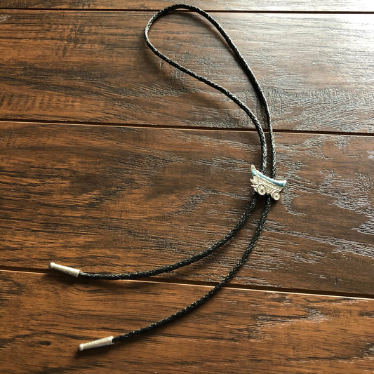 Vintage Western Covered Wagon with Enamel Resin Black Cord Bolo Tie