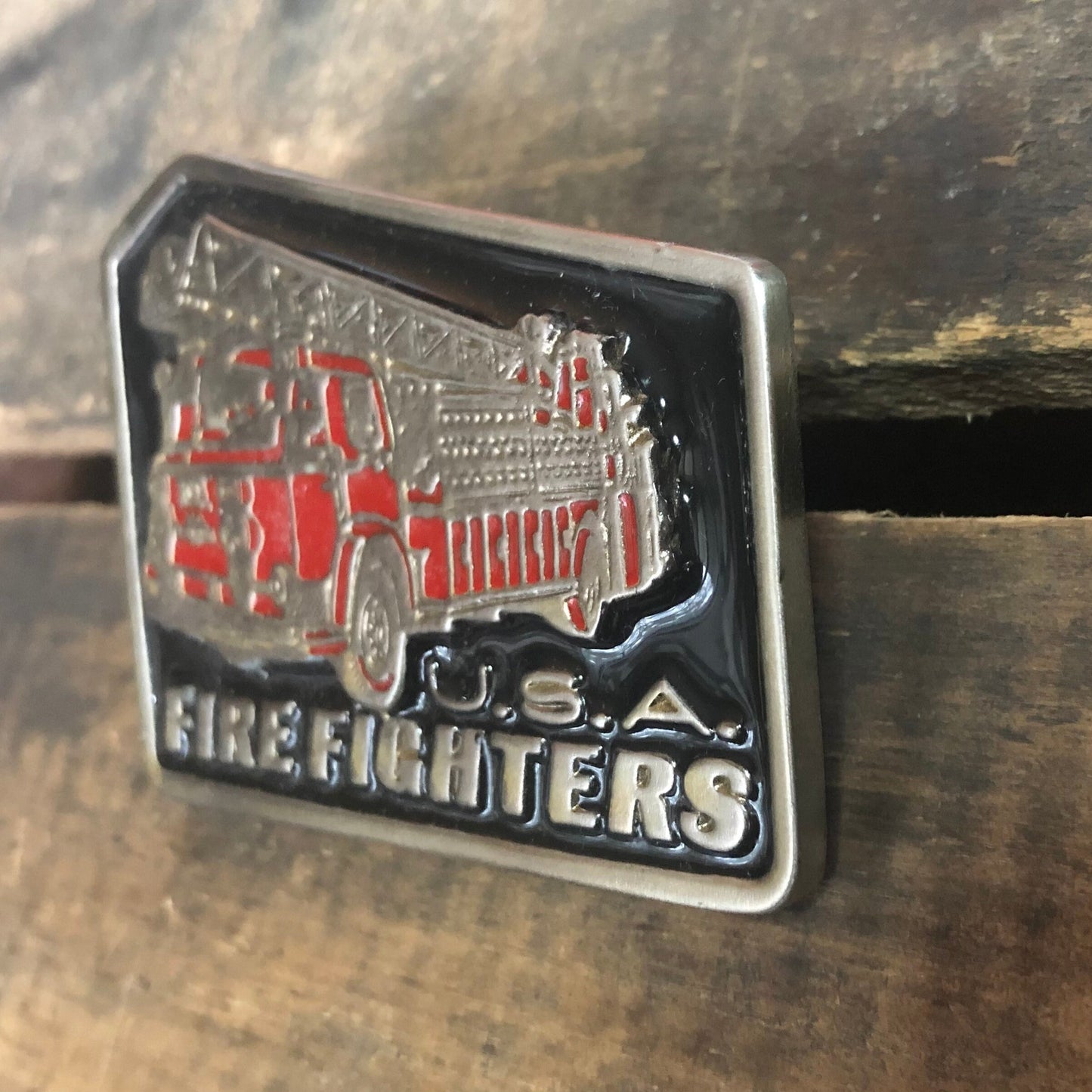 Vintage Fire Fighters U.S.A. Enamel Resin Belt Buckle