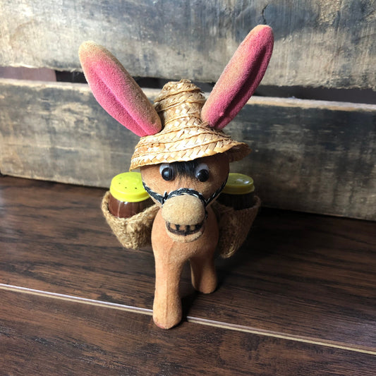 Vintage Flocked Southwestern Donkey Carrying Salt and Pepper Shakers | Made in Hong Kong