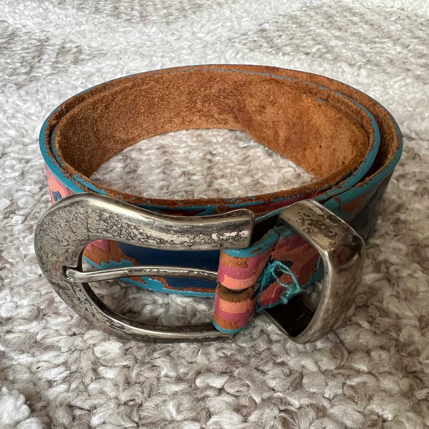 80’s Vintage Western MILOR Aztec Hand Painted Genuine Leather Tooled Belt | Made in Hong Kong