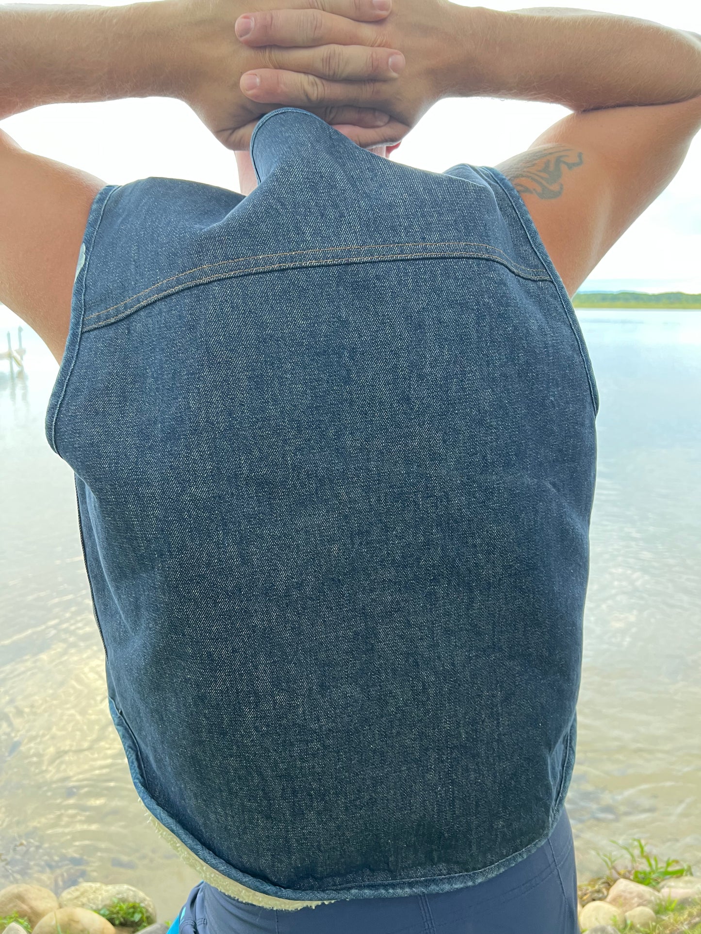 Vintage Western Men’s Sears Roebucks Denim Vest with Sherpa Lining and Pere Marquette Patch