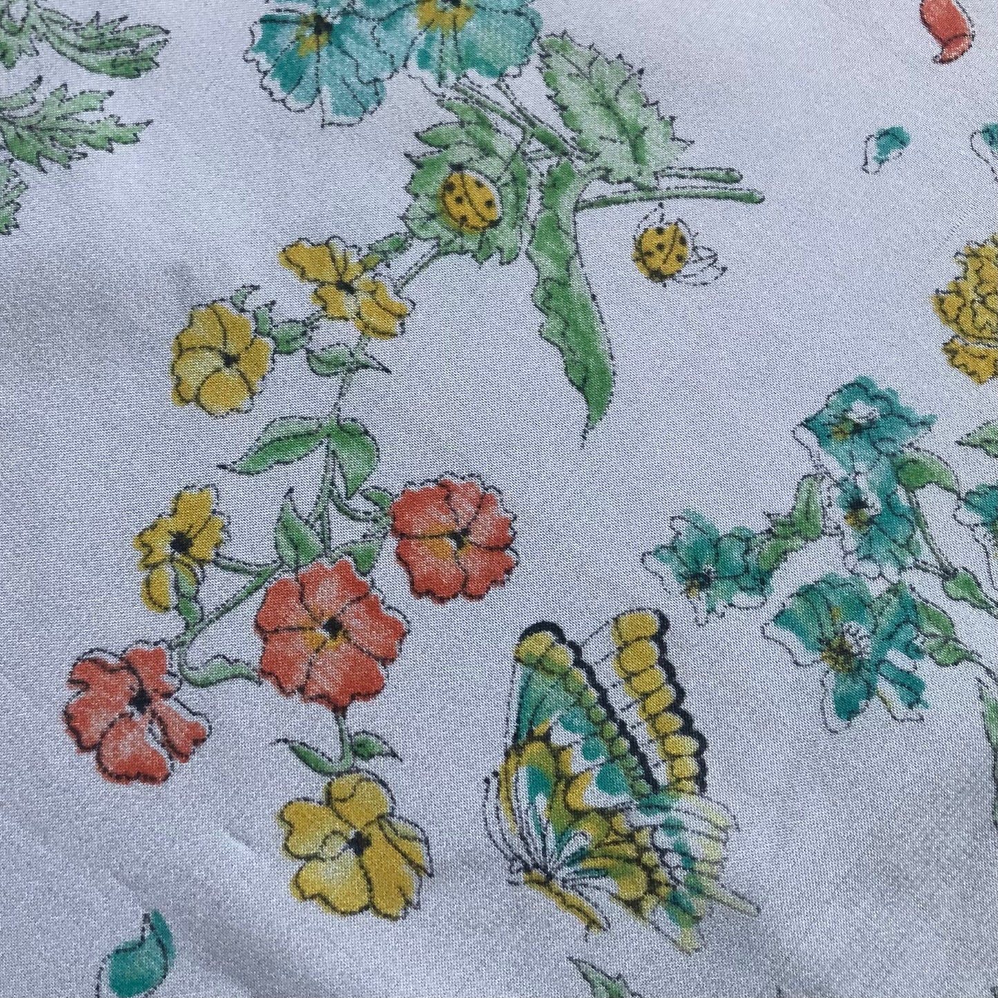 Vintage 100% Polyester Garden Party Scarf with Flowers and Butterflies | Made in USA