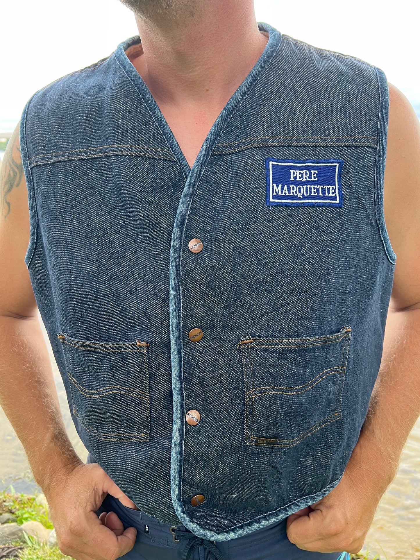 Vintage Western Men’s Sears Roebucks Denim Vest with Sherpa Lining and Pere Marquette Patch