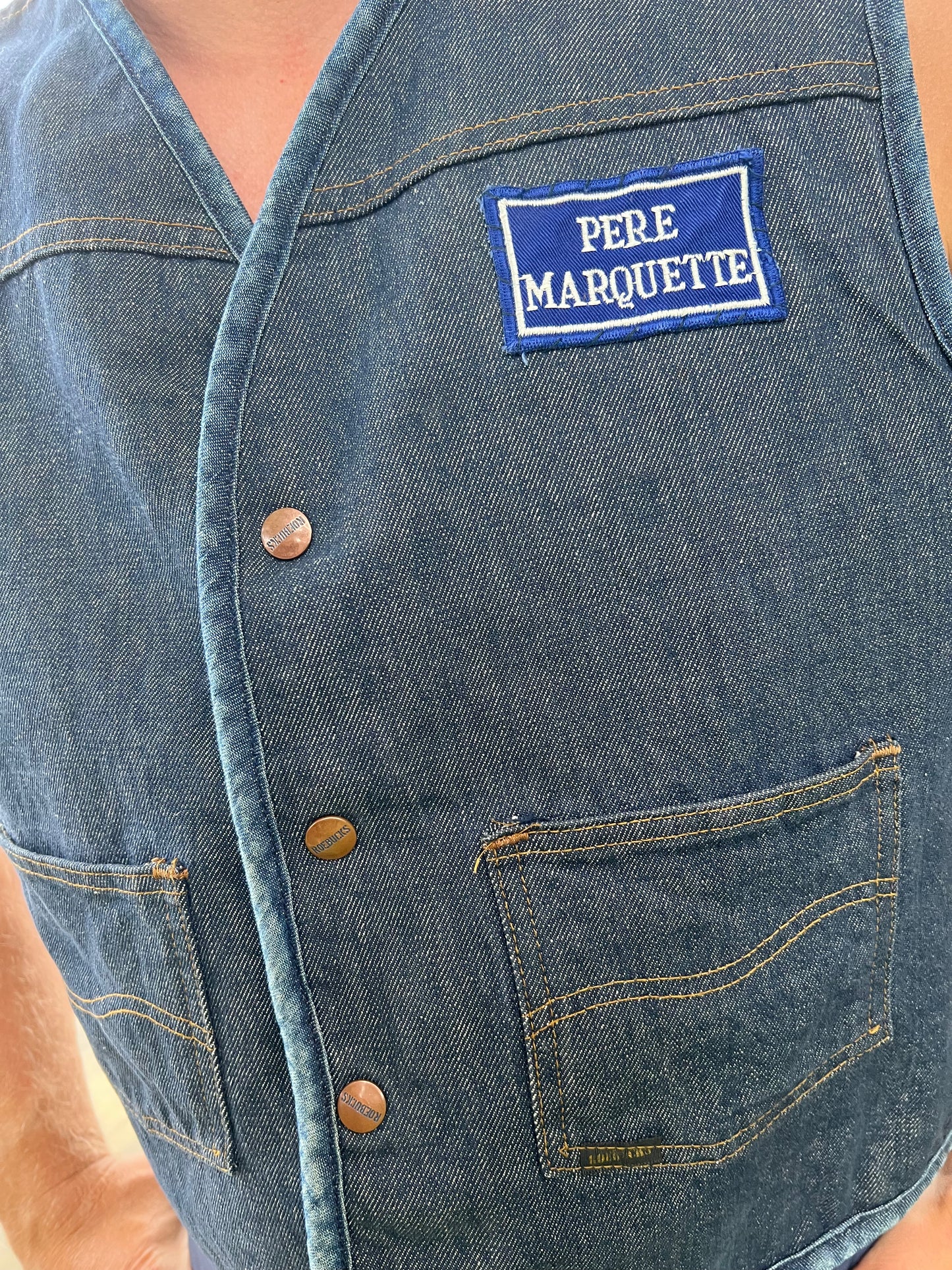 Vintage Western Men’s Sears Roebucks Denim Vest with Sherpa Lining and Pere Marquette Patch