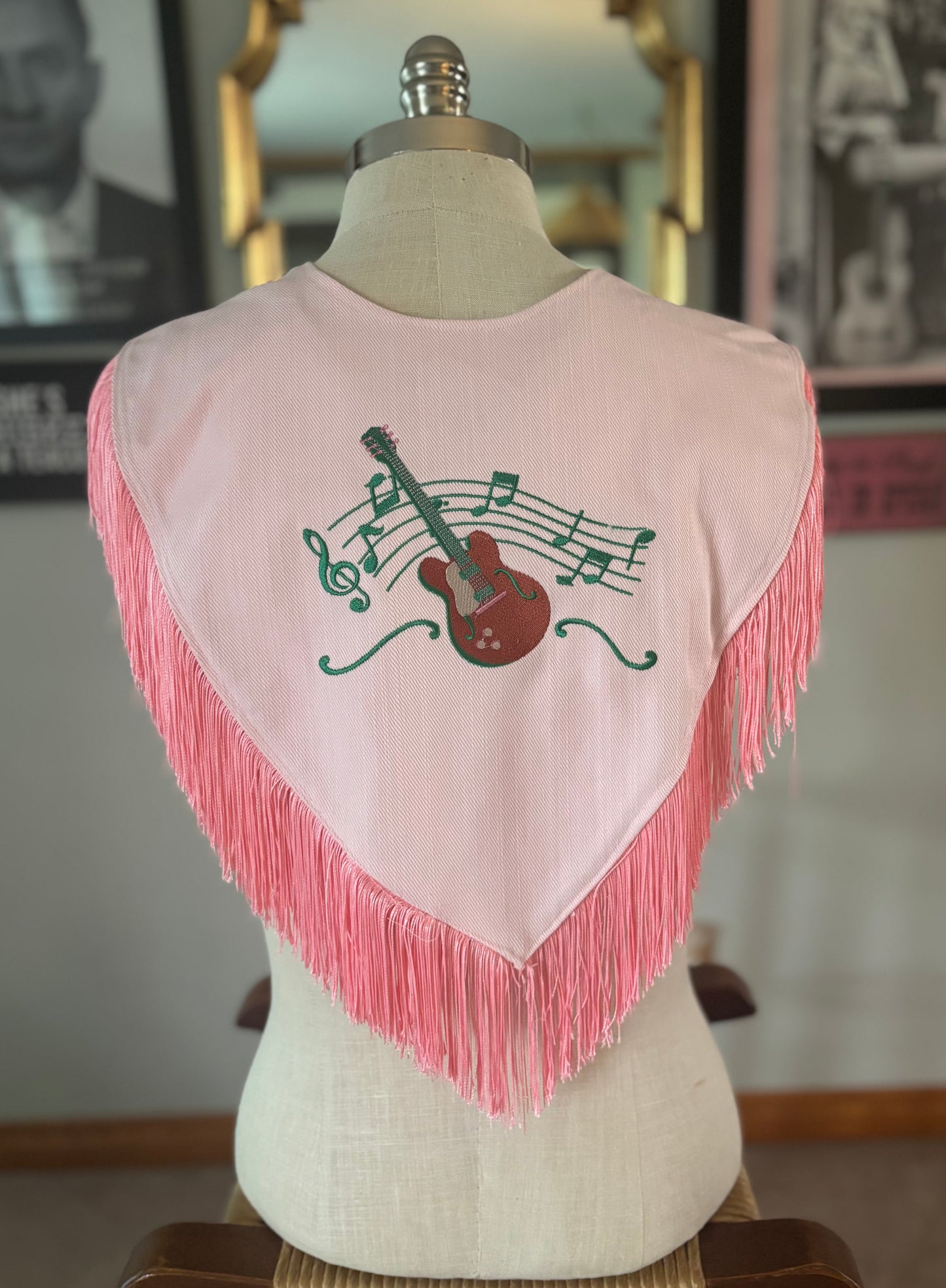 Vintage Handmade Pink Western Fringe Capelet Shawl , Embroidered Guitar Cowgirl, Honky Tonk Country Music Stagewear