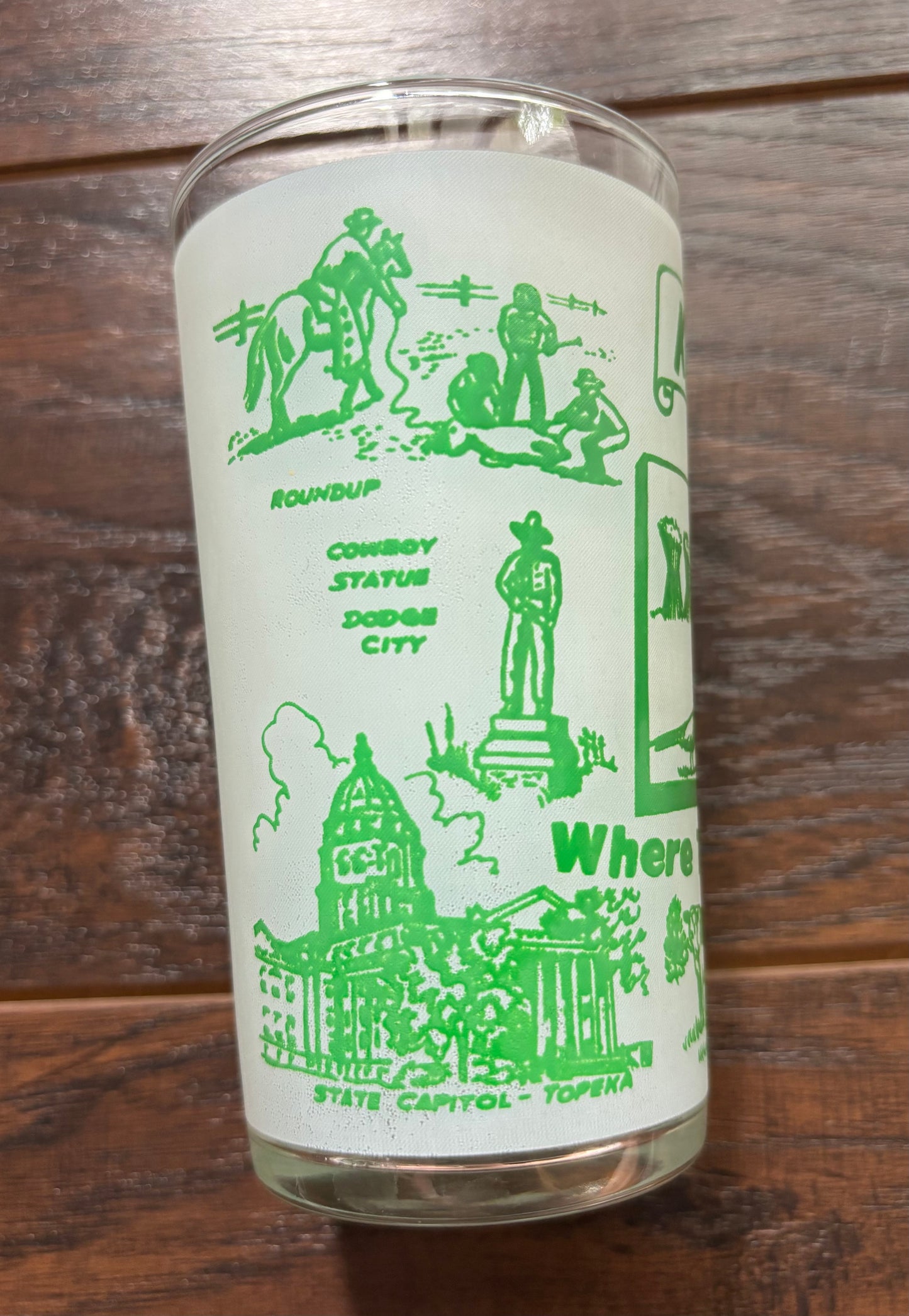 Vintage Kansas Souvenir Glass Tumbler | Federal Glass Frosted Green Drinking Glass | Mid Century Kansas Barware | Retro Travel Memorabilia
