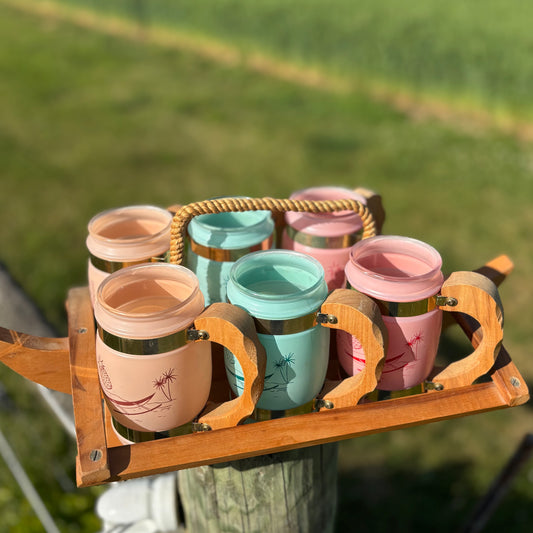 Vintage Siesta Ware Tiki Mug Set w/ Outrigger Caddy | Pastel Hawaiian Barware | MCM Set of 6