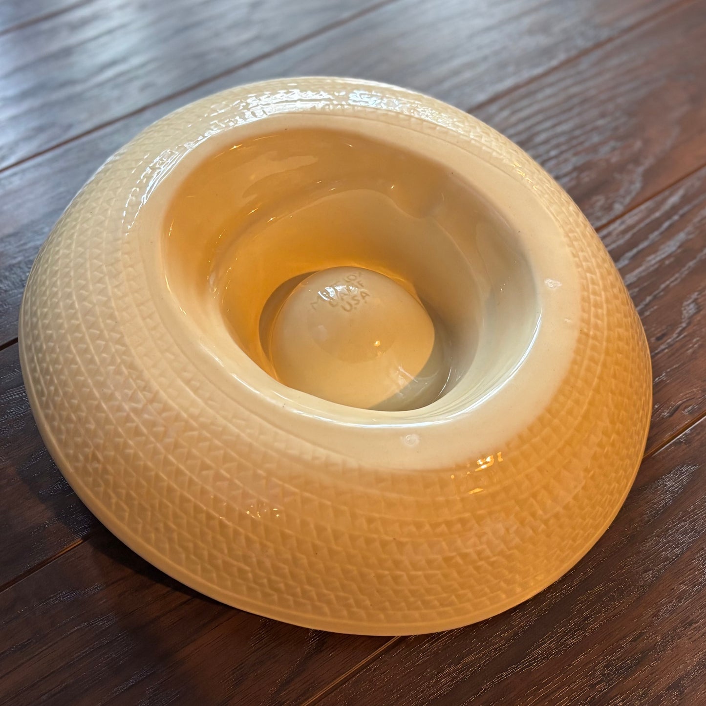 Vintage Mid Century Metlox California Chip and Dip Dish | Woven Hat Serving Bowl | Yellow Ribbon Ceramic Party Dish