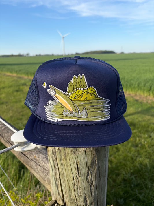 Vintage 80s Fishing Trucker Hat Navy Blue Mesh Snapback Trout Salmon Outdoor Cap Made in Taiwan USA Bait Shop Style