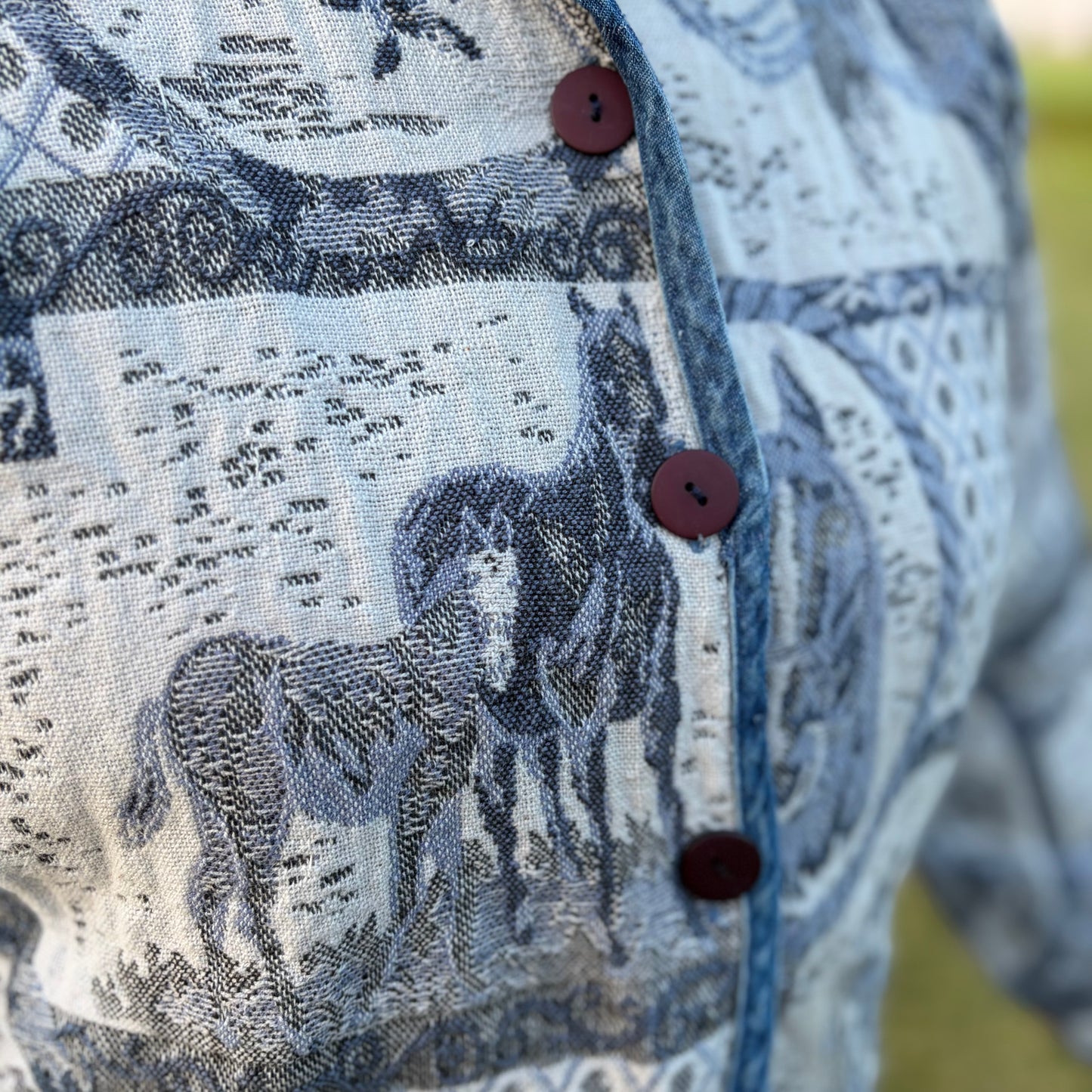 Vintage Horse Tapestry Jacket Womens Western Equestrian Cotton Woven Denim Trim Horse Lover Ranch Style