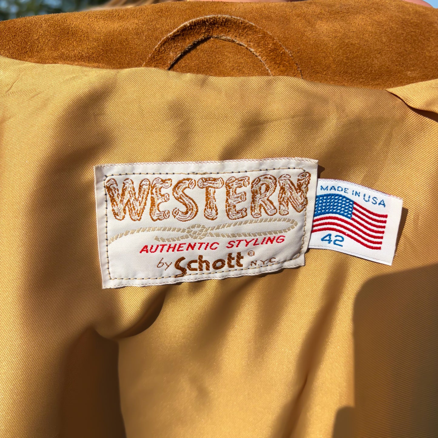 Vintage Schott NYC Western Fringe Suede Jacket USA Made Tobacco Brown Leather Coat Size 42 Cowboy Rodeo Boho Statement Piece