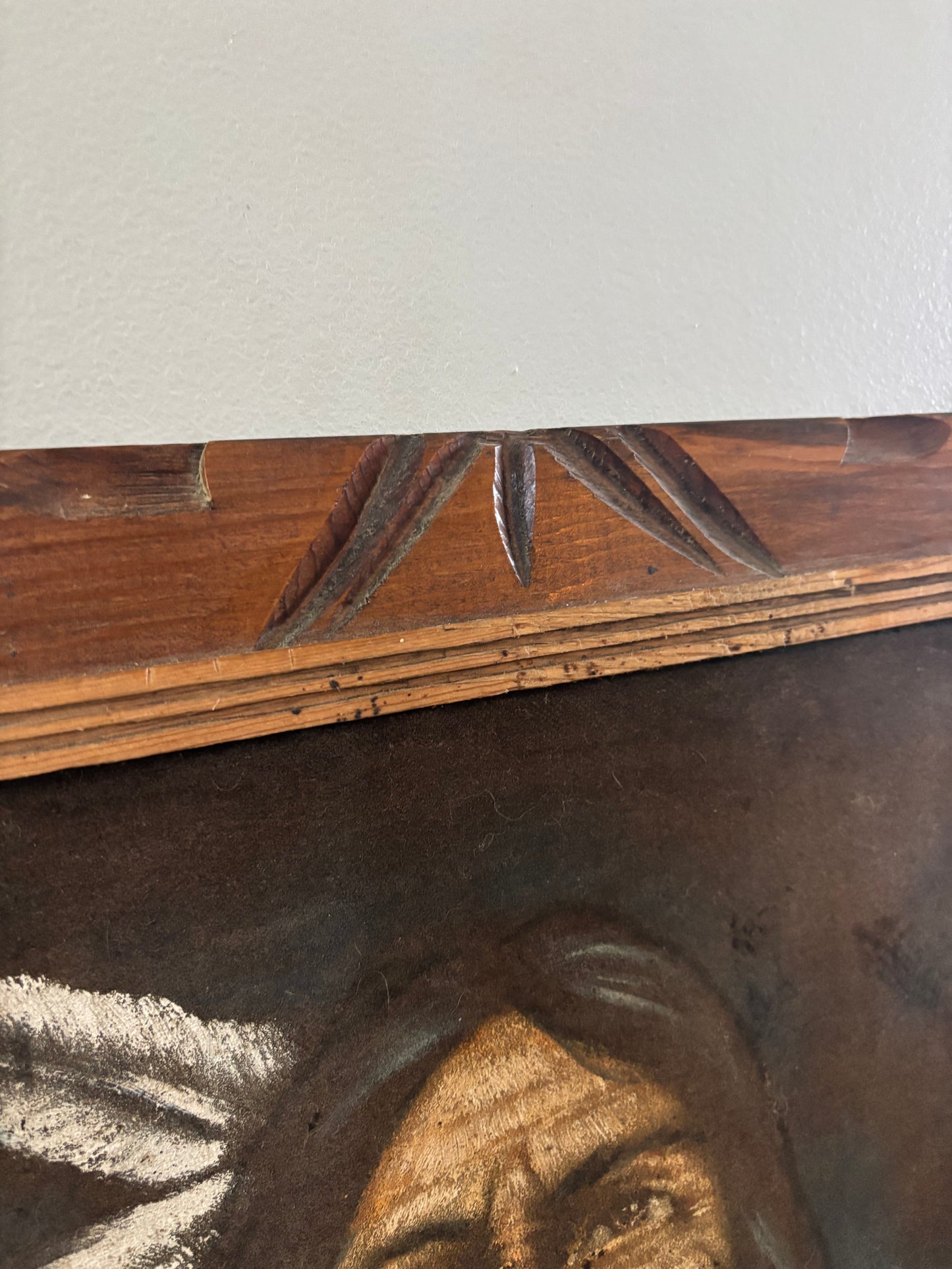 Vintage Black Velvet Native American Portrait Painting Carved Wood Frame Mexico