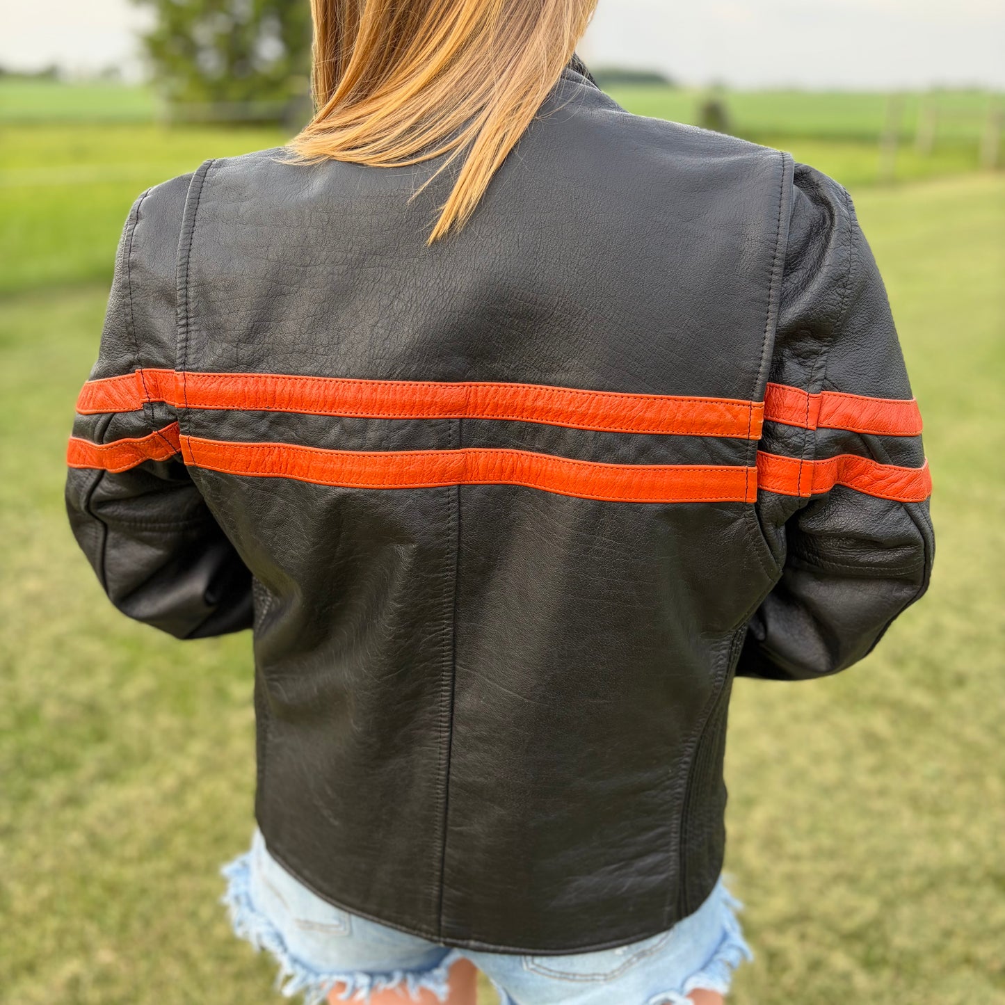 Vintage Women’s Y2K Hot Leathers Black Leather Moto Jacket Orange Racing Stripes