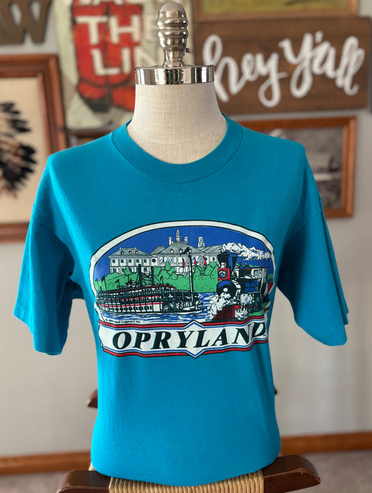 Vintage 1991 Opryland T-Shirt USA Made Fruit of the Loom Large Teal Nashville Theme
