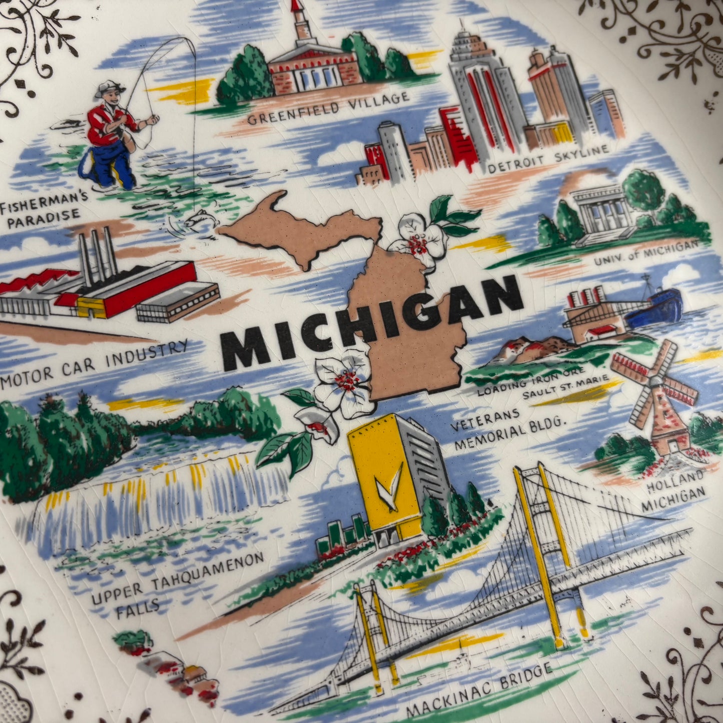 Vintage Michigan Souvenir Plate | Sebring Pottery 22K Gold Trim | Mackinac Bridge Detroit Skyline Greenfield Village | Mid Century