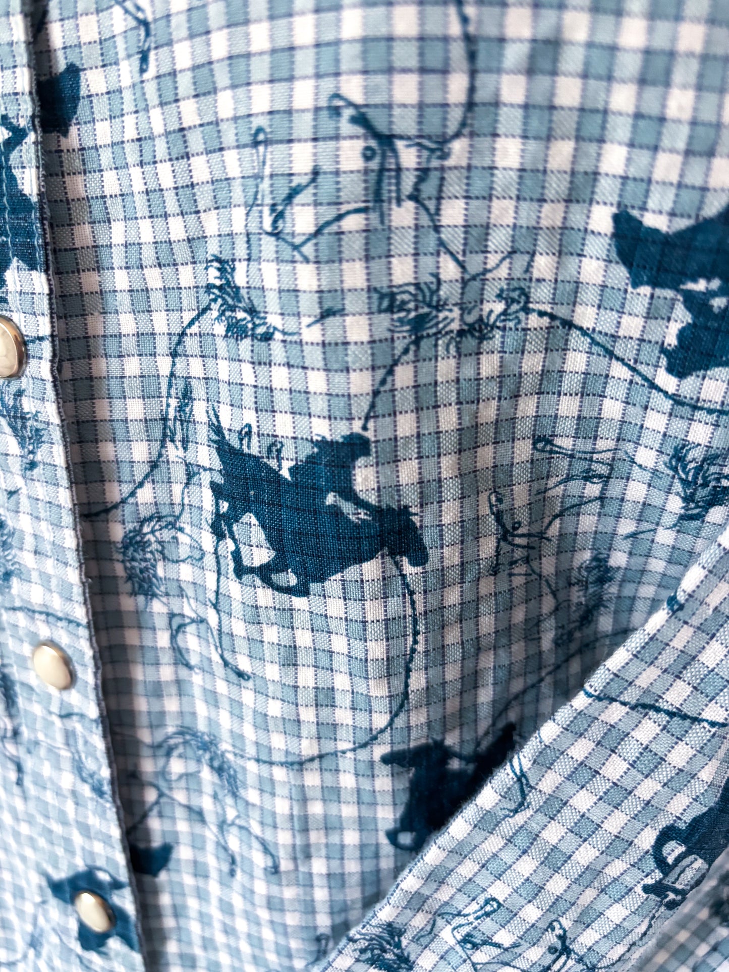 Vintage Women’s Wrangler Blues Western Shirt Horse Print Pearl Snap Blue Gingham