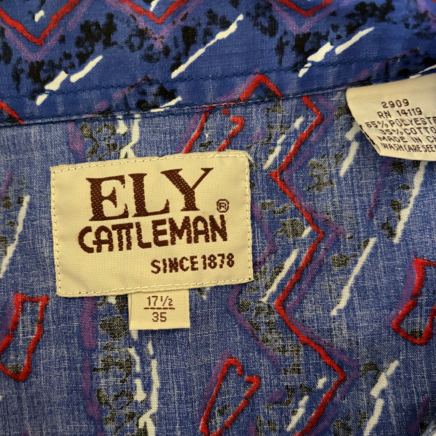 Vintage Ely Cattleman Western Pearl Snap Shirt 17.5 x 35 | 90s Southwestern Geometric Print | Blue Short Sleeve Cowboy Rodeo