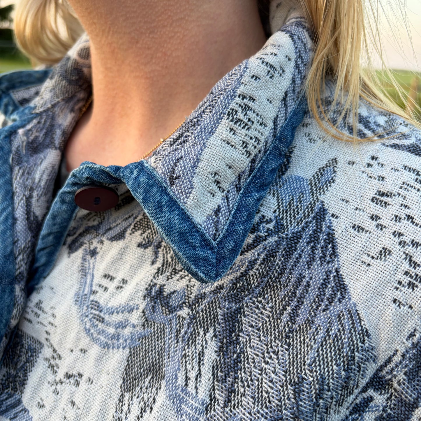 Vintage Horse Tapestry Jacket Womens Western Equestrian Cotton Woven Denim Trim Horse Lover Ranch Style