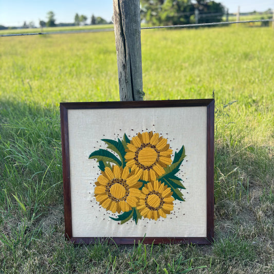 Vintage 1970s Sunflower Crewel Embroidery Wall Art Framed Boho Floral Needlework Decor