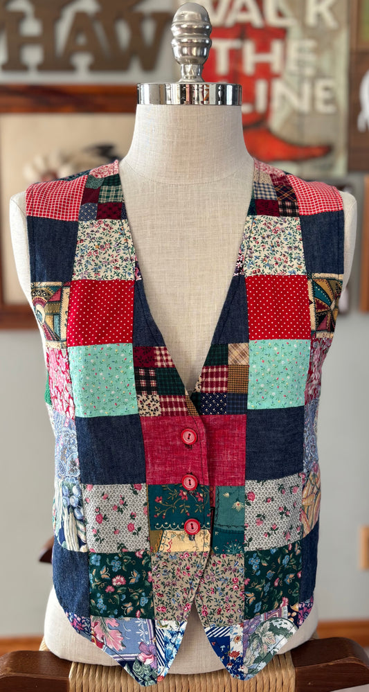 Vintage Patchwork Quilted Vest | Cottagecore Prairie | Handmade Cotton Quilt Vest with Denim Back