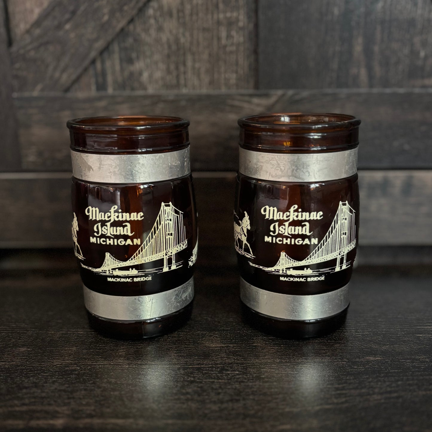 Vintage Mackinac Island Michigan Barrel Mug Set Smoked Glass Grand Hotel Mackinac Bridge Retro Tourist Souvenir Cups