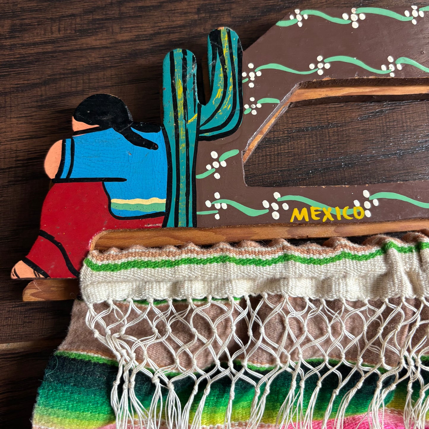 Vintage Mexican Serape Blanket Purse | Hand Painted Wood Handle Bag | 1970s Southwestern Folk Art Boho | Handmade Mexico