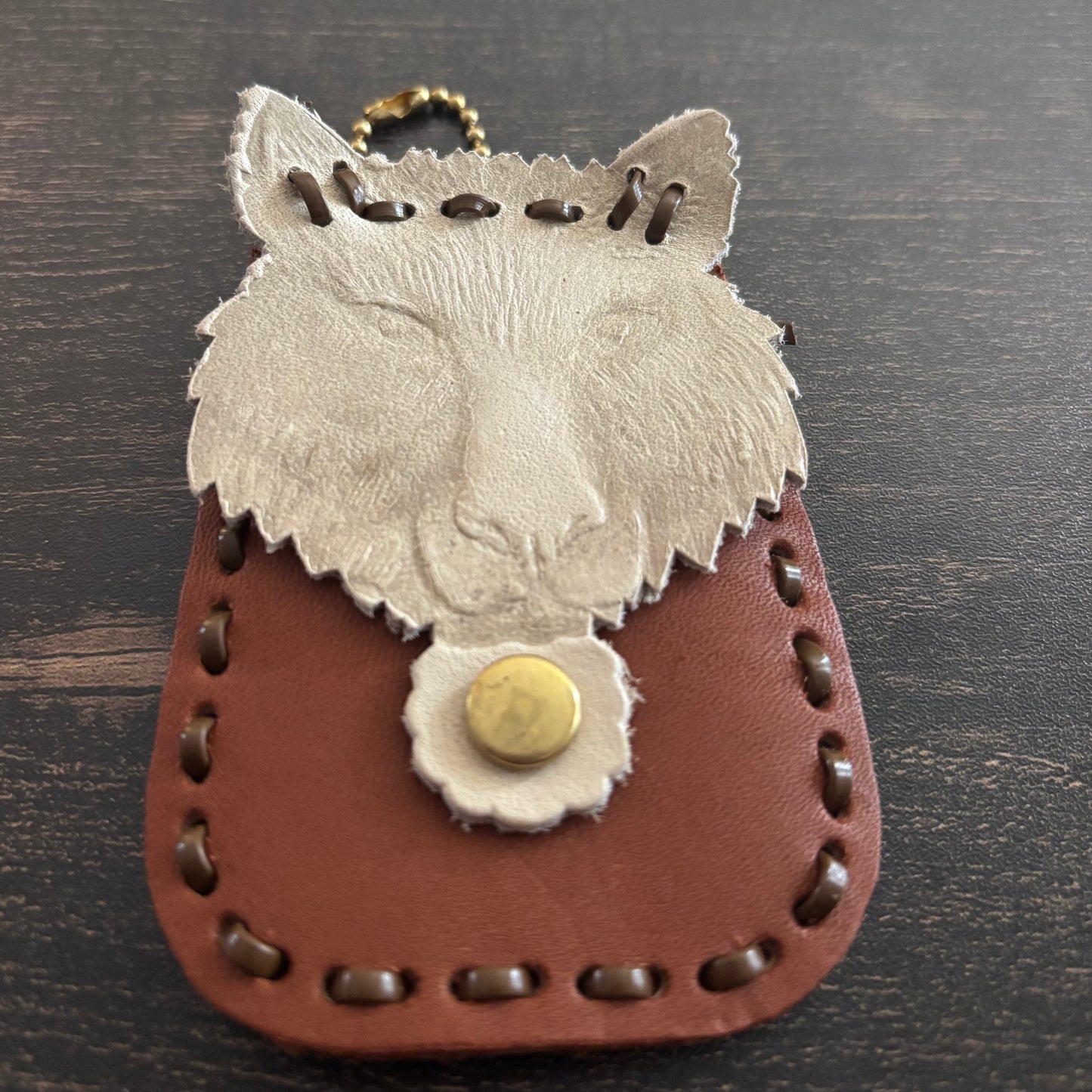 Vintage Handmade Leather Wolf Coin Pouch Keychain | 1970s 1980s Leathercraft Change Purse | Rustic Woodland Wolf Collectible