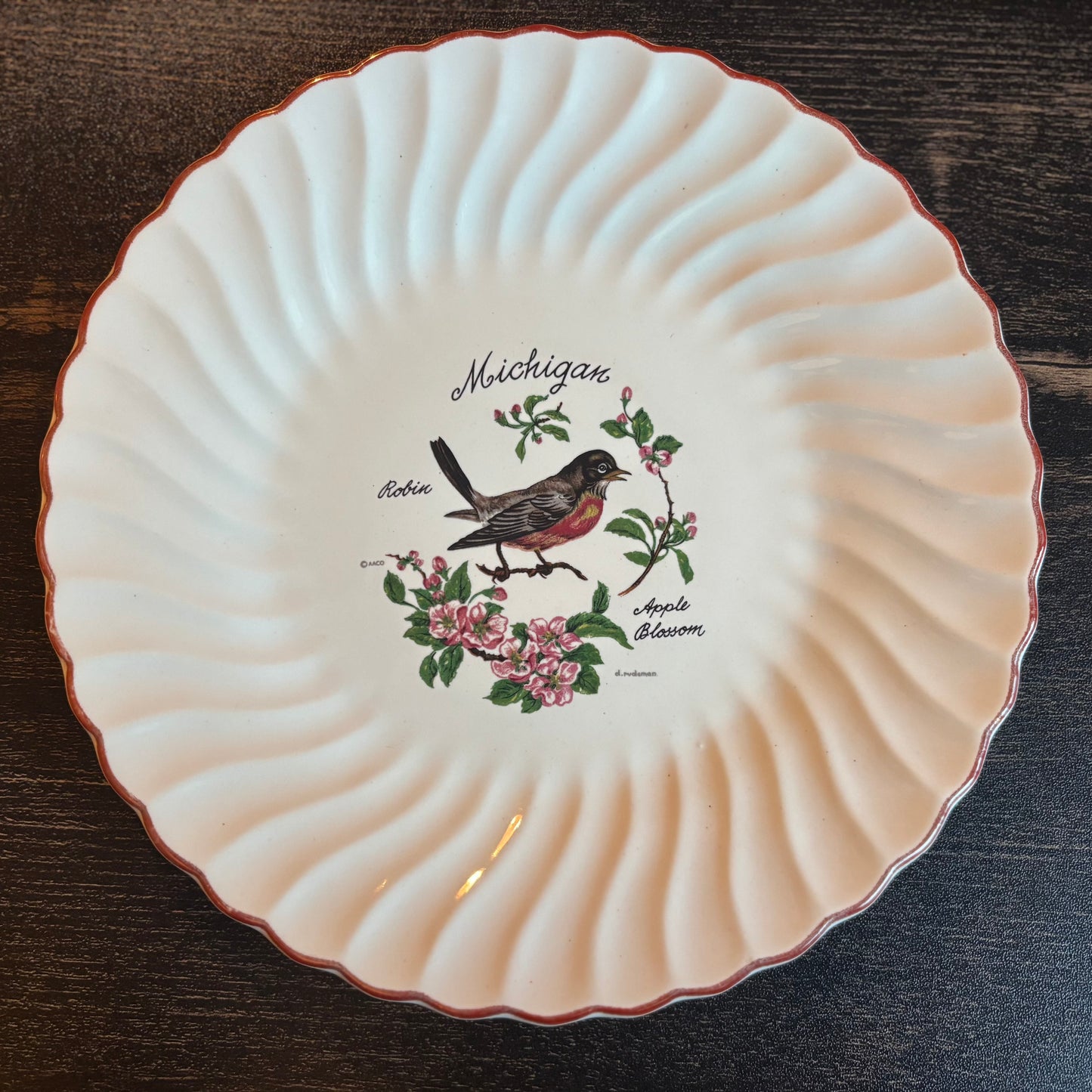 Vintage Michigan Robin and Apple Blossom Souvenir Plate | Mid Century State Bird/Flower | Collectible Wall Display