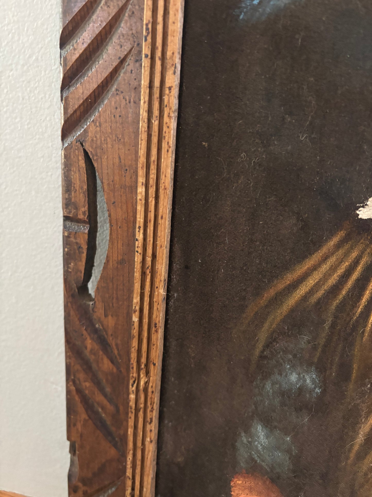 Vintage Black Velvet Native American Portrait Painting Carved Wood Frame Mexico