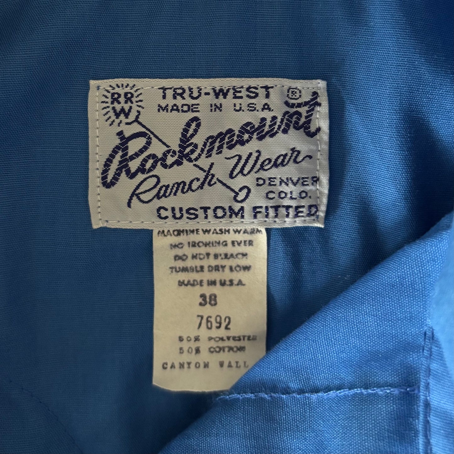Vintage 1970s Women’s Rockmount Ranch Wear Western Shirt Blue Pleated Tuxedo Pearl Snap Tru-West USA Size 38