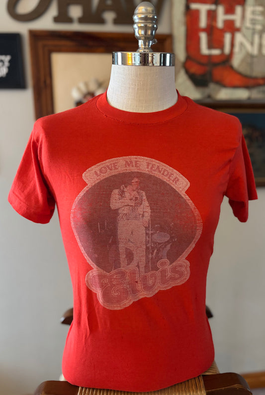 Vintage Elvis Presley “Love Me Tender” T-Shirt | Late 1970s CHED Label | Soft Faded Red Cotton Tee