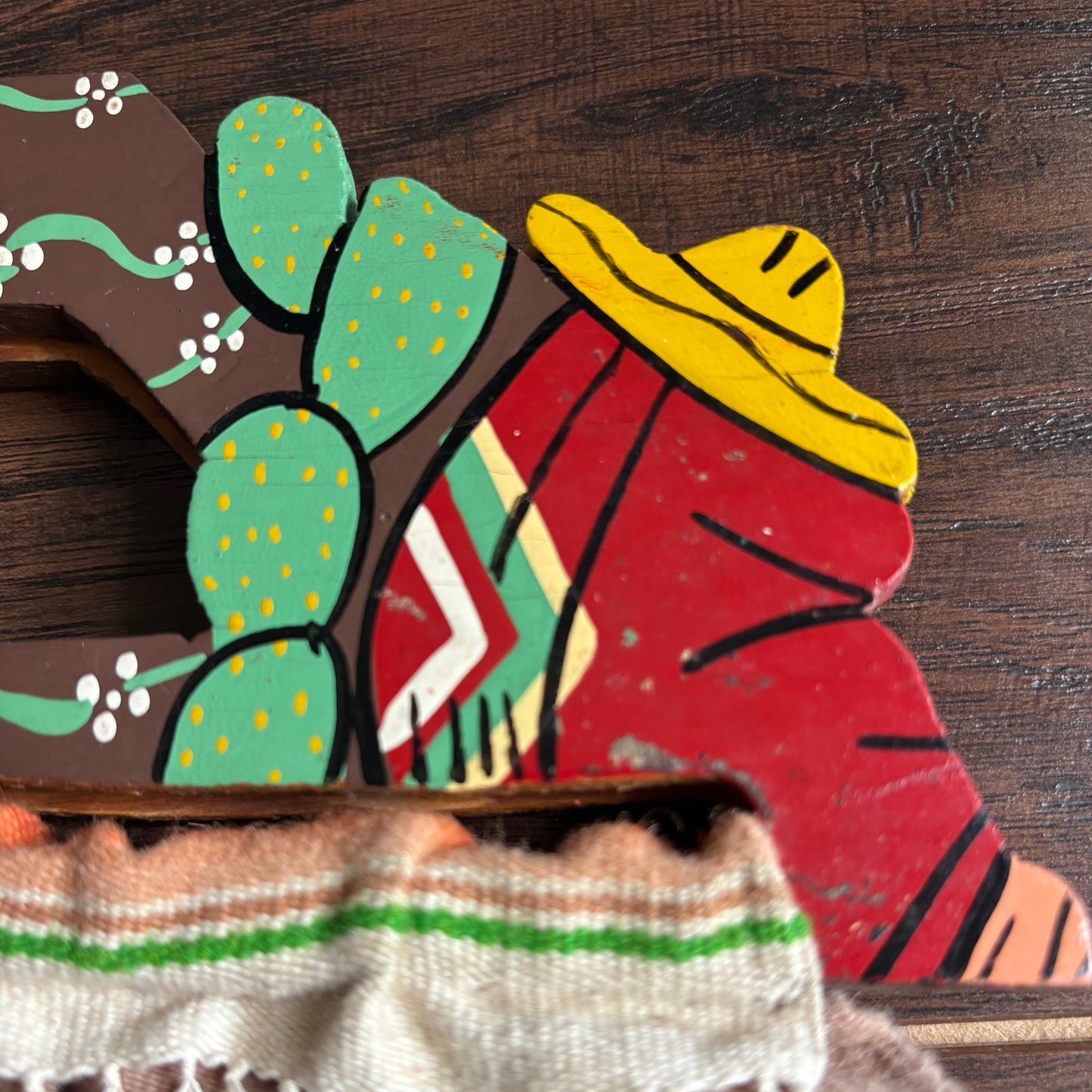 Vintage Mexican Serape Blanket Purse | Hand Painted Wood Handle Bag | 1970s Southwestern Folk Art Boho | Handmade Mexico