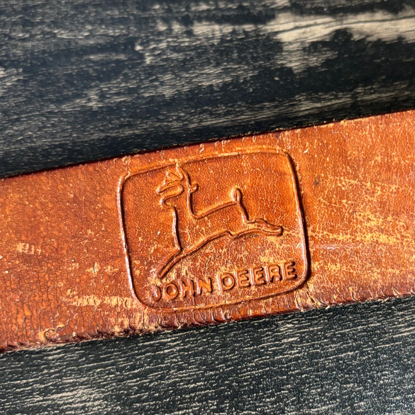 Vintage John Deere Leather Belt | Embossed Deer Logo Workwear Belt | 1980s Farm Ranch Western Americana Brown Leather Belt