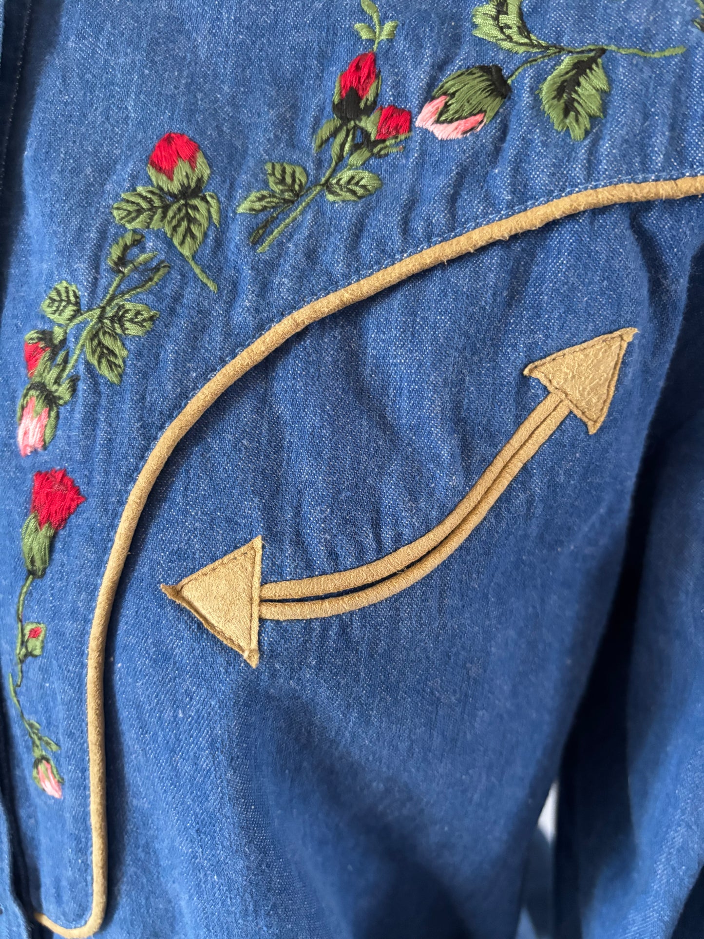 Vintage MGM Embroidered Roses Denim Western Pearl Snap Shirt | Faux Arrow Pockets
