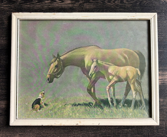 Vintage C.W. Anderson Mare, Foal & Beagle Print | Framed 1950s Equestrian Lithograph  | Mid-Century Horse Wall Art | Farmhouse Cottage Decor