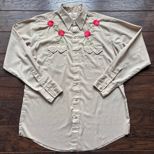 Vintage Western Men’s DEE CEE Brand Snap Button Shirt with Embroidered Roses | Made in USA
