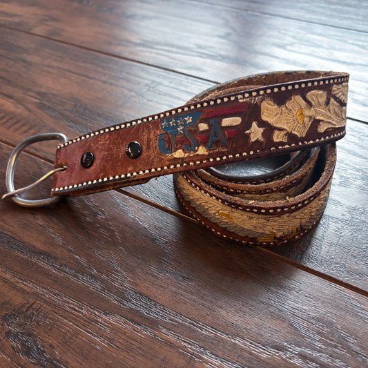 Vintage Hand-Tooled Leather Belt Featuring An American Eagle