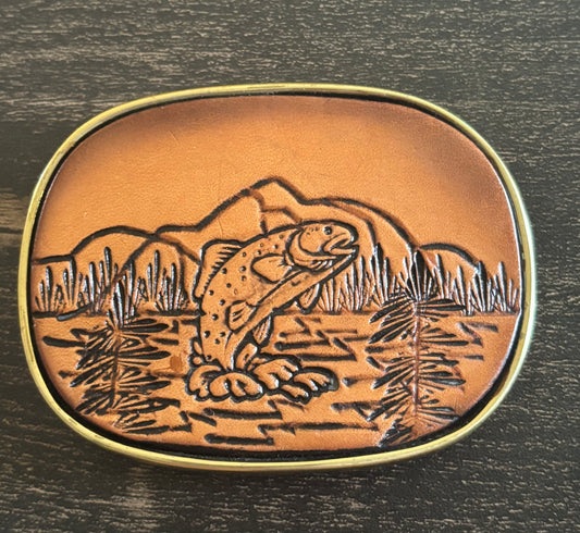 Vintage Solid Brass Trout Belt Buckle | Leather Fishing Scene Buckle | 1970s Outdoorsman Western Accessory | Rustic Cabin Decor