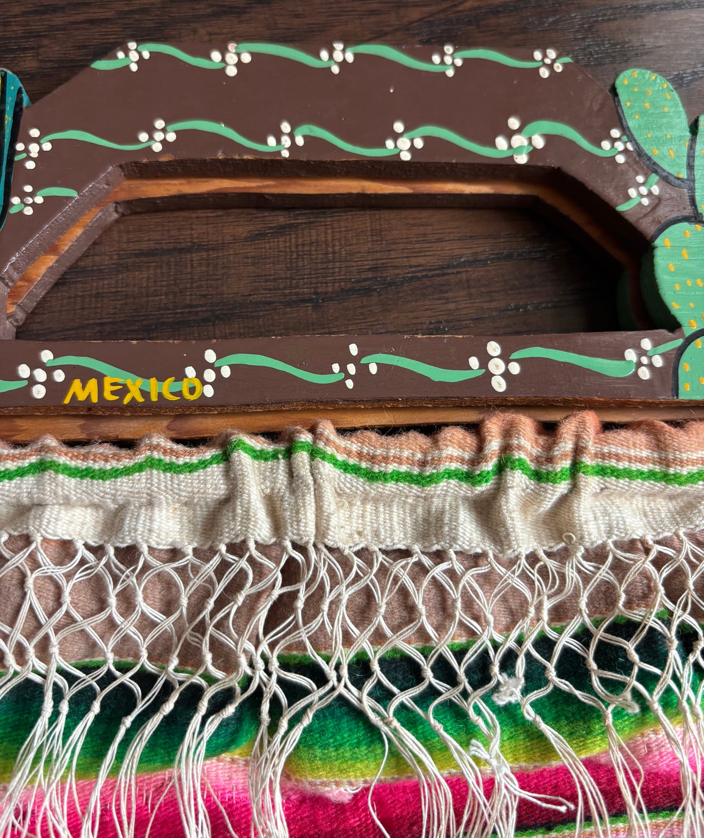 Vintage Mexican Serape Blanket Purse | Hand Painted Wood Handle Bag | 1970s Southwestern Folk Art Boho | Handmade Mexico