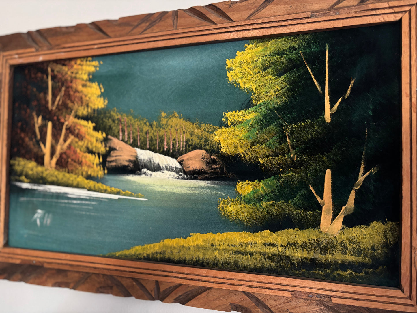 Vintage 1970s Mexican Velvet Painting Waterfall Landscape Carved Wood Frame MCM Cabin Lodge Wall Art Mexico